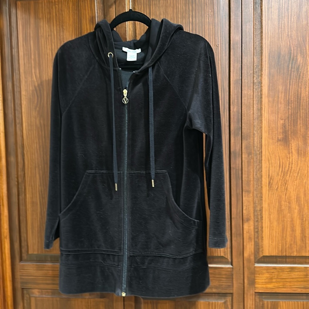Joan Vass black velour zip up hoodie, jacket, size 0